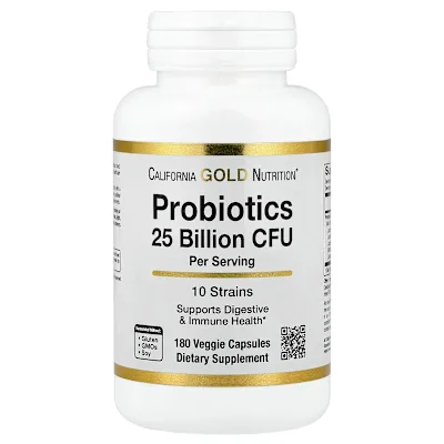 California Gold Nutrition, Probiotics with Lactobacillus acidophilus, Bifidobacterium lactis, Lactobacillus plantarum, and Lactobacillus casei, 10 Strain Blend, 25 Billion CFU, 180 Veggie Capsules